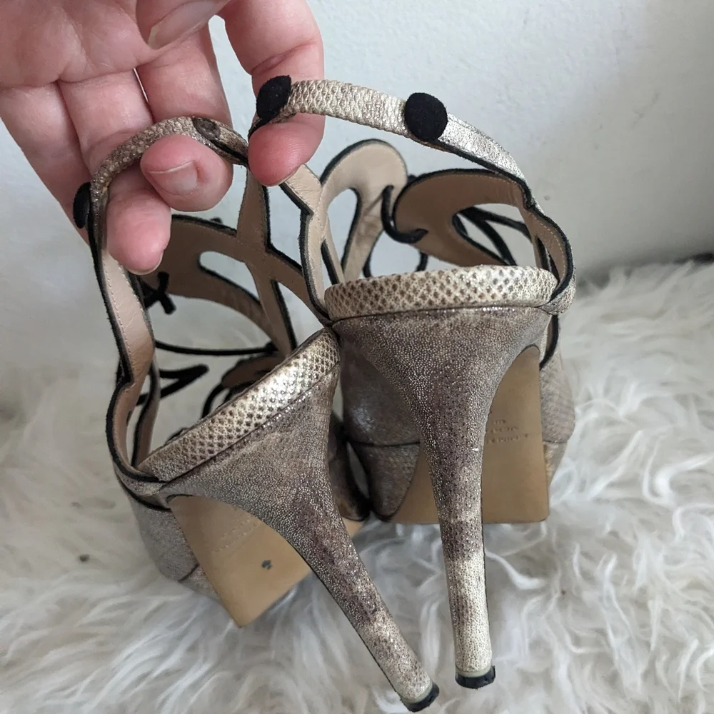 Nicholas Kirkwood Metallic Leather Heels Sandals 8 Lace Up Sling Snakeskin